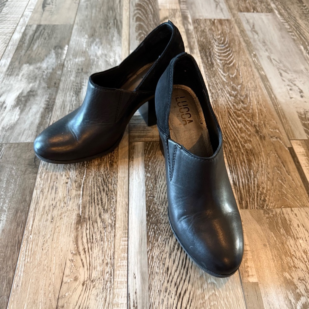 Lucca Lane Womens Shooties Block Heel Shoe Round Toe 8 Black Leather Suede Ankle